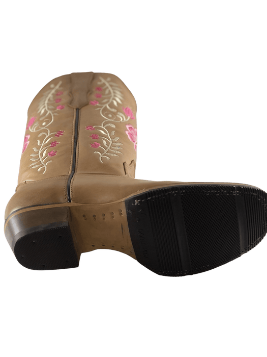 Women's Tan Square Toe Pink Flowers Rodeo Boot