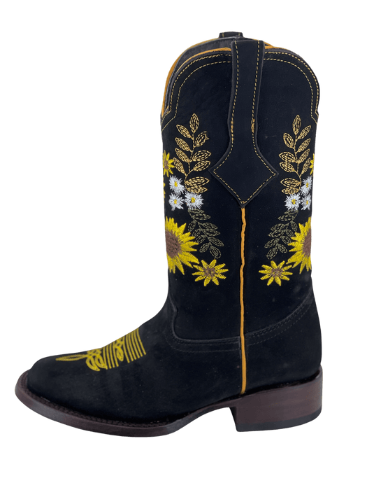 Women’s Multiple Sunflowers Black Nobuck Square Toe Rodeo Boot