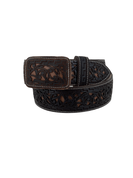 Brown with Light Brown Grecca Chiseled Charro Leather Belt