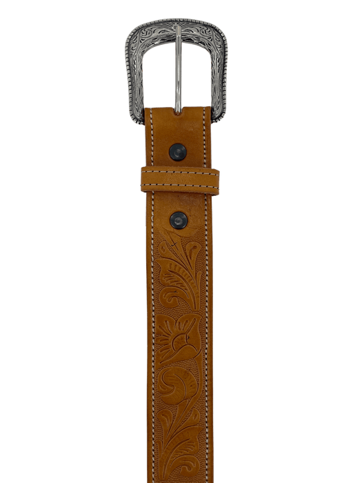 Tan Stamped Flowers Leather Belt