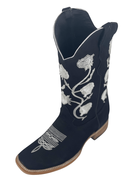 Women’s Black Nobuck with White Flowers Square Toe Rodeo Boot