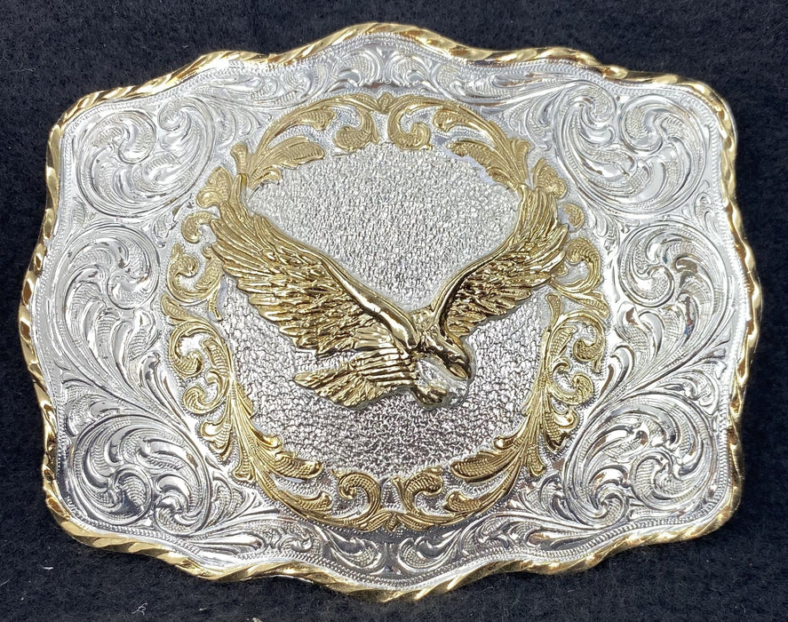 Fine Handcrafted Silver Alpaca Spread Eagle With Gold Tone Alpaca, Cowboy Western Belt Buckle