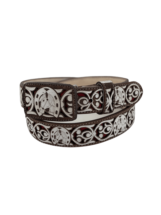 Women’s Brown with Red and White Horse Head in Horseshoe Embroidery Chiseled Leather Belt