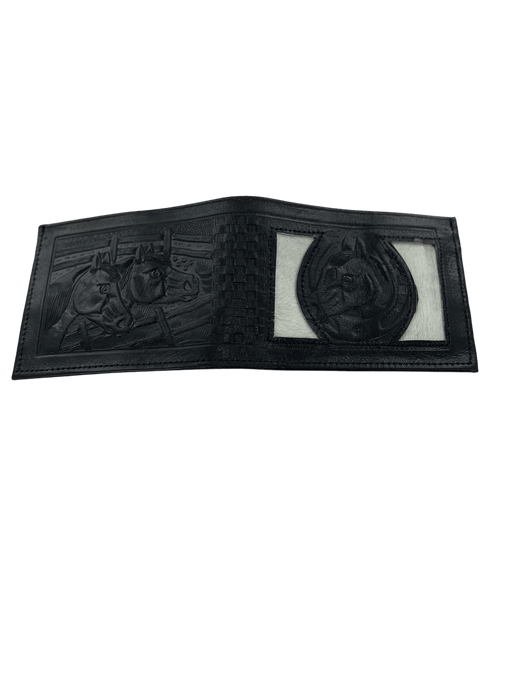 Black Horse Head in Horseshoe with Cow Hair Leather Wallet