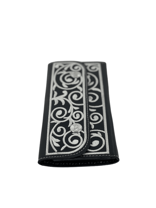 Black with White Embroidery Leather Wallet