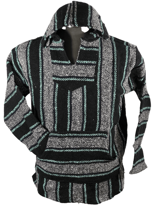 Baja Hoodie Grey and Black with Navy Blue and Turquoise Lines 058