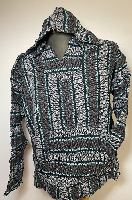 Baja Hoodie Dark Grey and Light Grey with Navy Blue and Turquoise Lines 083
