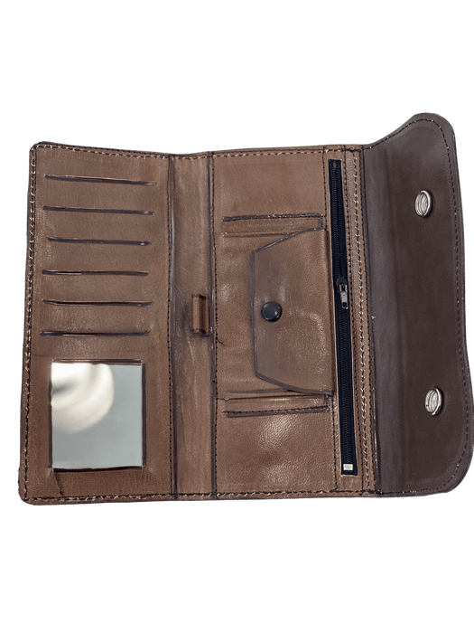 Brown with Burgundy Embroidery Leather Wallet
