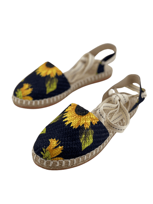 Navy Blue with Sunflowers Fabric Wrap Around Heel Huarache