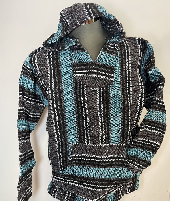 Baja Hoodie Dark Grey and Light Blue with Double White and Black Lines 094