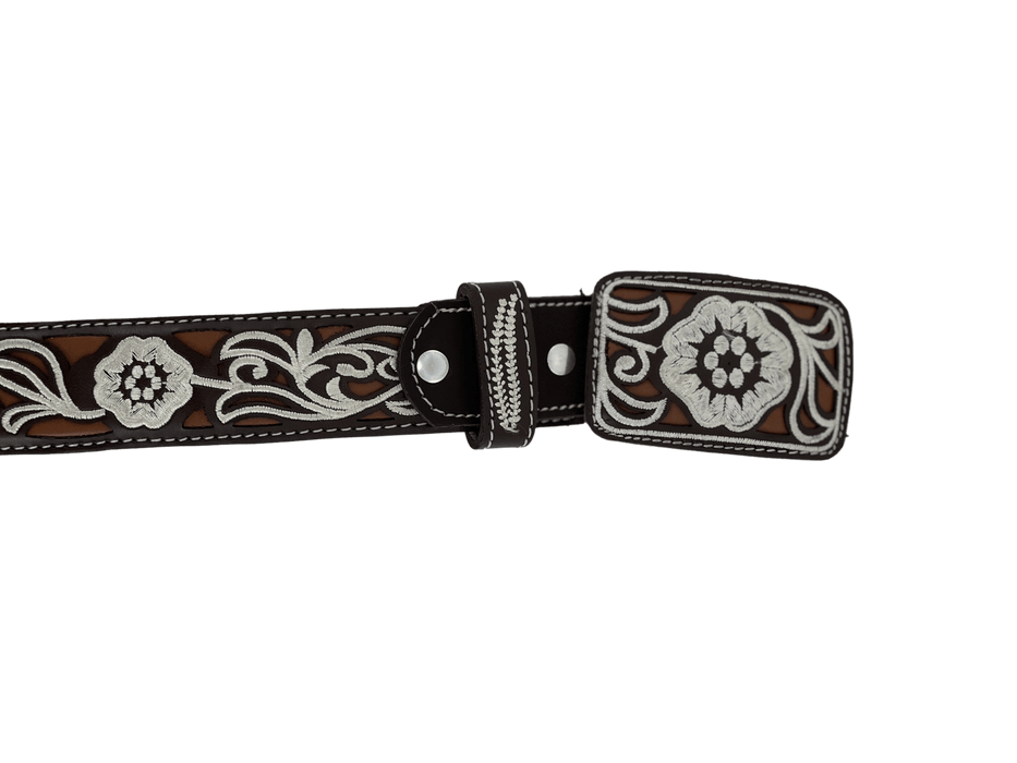 Women’s Brown and Light Brown with White Flowers Silk Thread Leather Belt