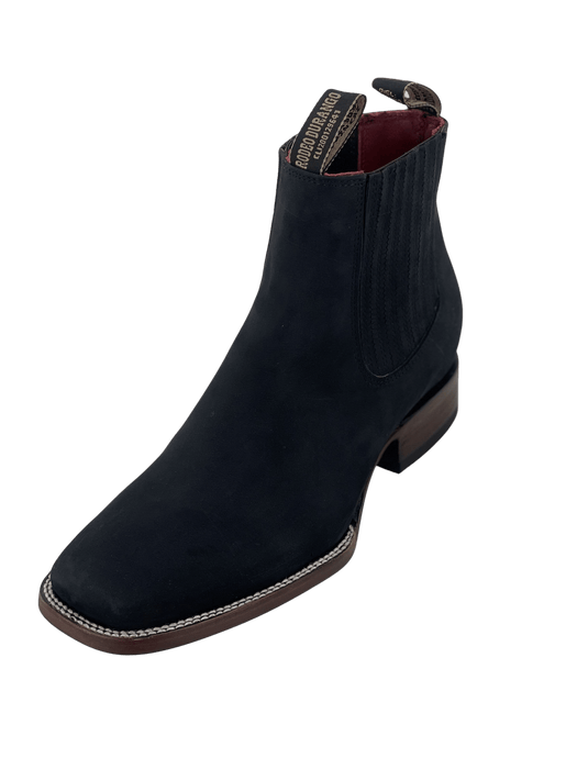 Solid Black Square Toe Nobuck Leather Sole Botin Rodeo