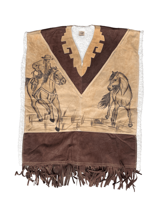 Cowboy Riding Horse Leather Poncho With Fur Inside