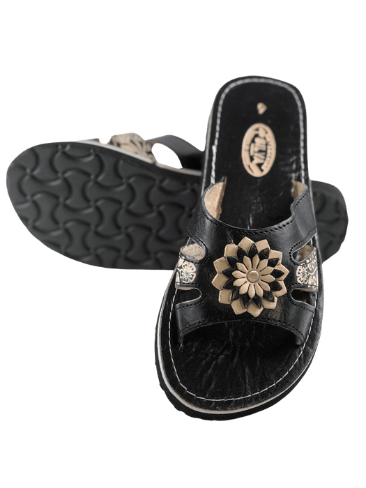 Leather Sandal - Black Flower Open Toe