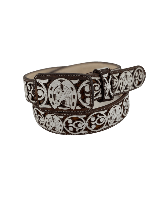 Women’s Brown with Light Brown and White Horse Head in Horseshoe Embroidery Chiseled Leather Belt