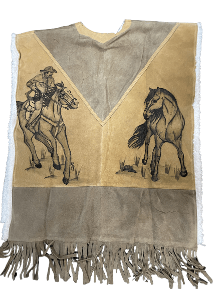 Horses Behind Stable Leather Poncho With Fur Inside