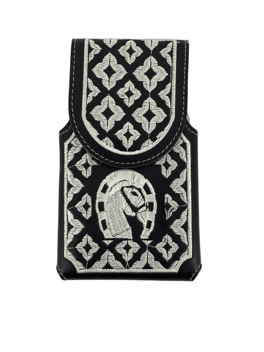 Black and White Horse Head in Horse Shoe Silk Thread Leather Phone Case