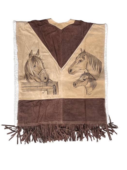 Cowboy Riding Horse with Bull Leather Poncho With Fur Inside