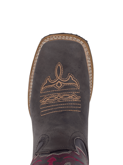 Dark Brown with Fuchsia Square Toe Rubber Sole Rodeo Boot