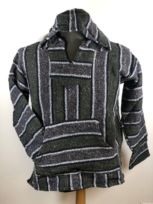 Baja Hoodie Dark Green and Grey with Navy Blue and White Lines 033