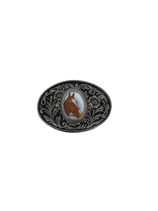 Grey and Black Round Rope Horse Head Belt Buckle