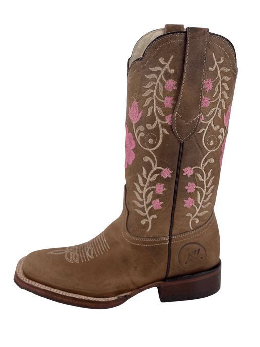 Women's Tan Square Toe Pink Flowers with Natural Stems Rodeo Boot