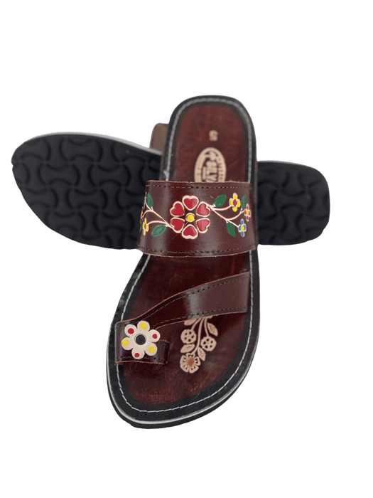 Leather Sandal - Brown Colorful Flower Toe Ring