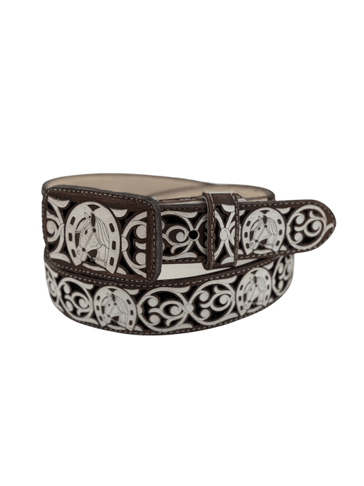 Women’s Brown with Black and White Horse Head in Horseshoe Embroidery Chiseled Leather Belt