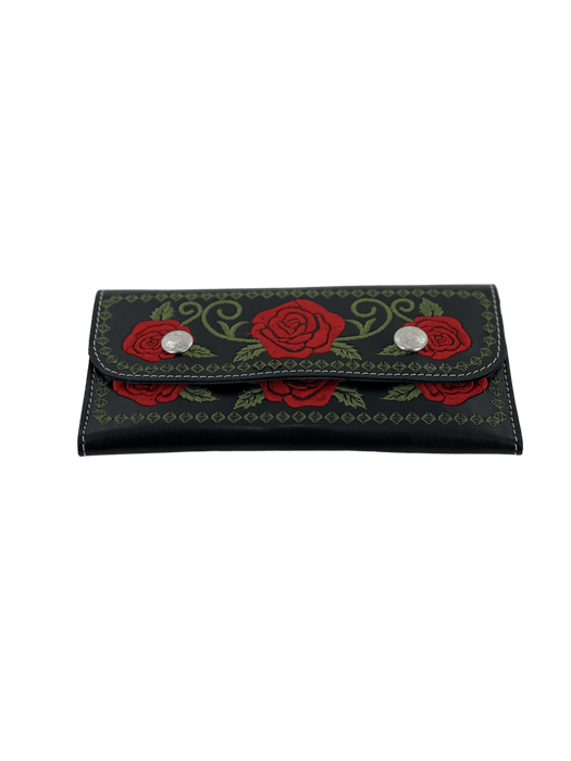 Black and Green with Red Roses Embroidery Leather Wallet