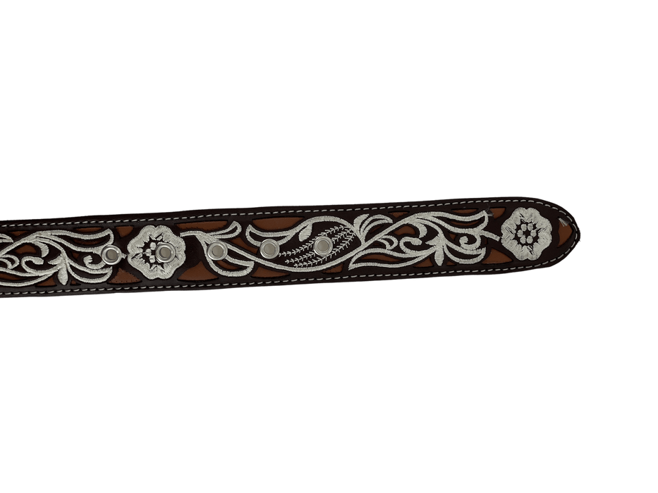 Women’s Brown and Light Brown with White Flowers Silk Thread Leather Belt