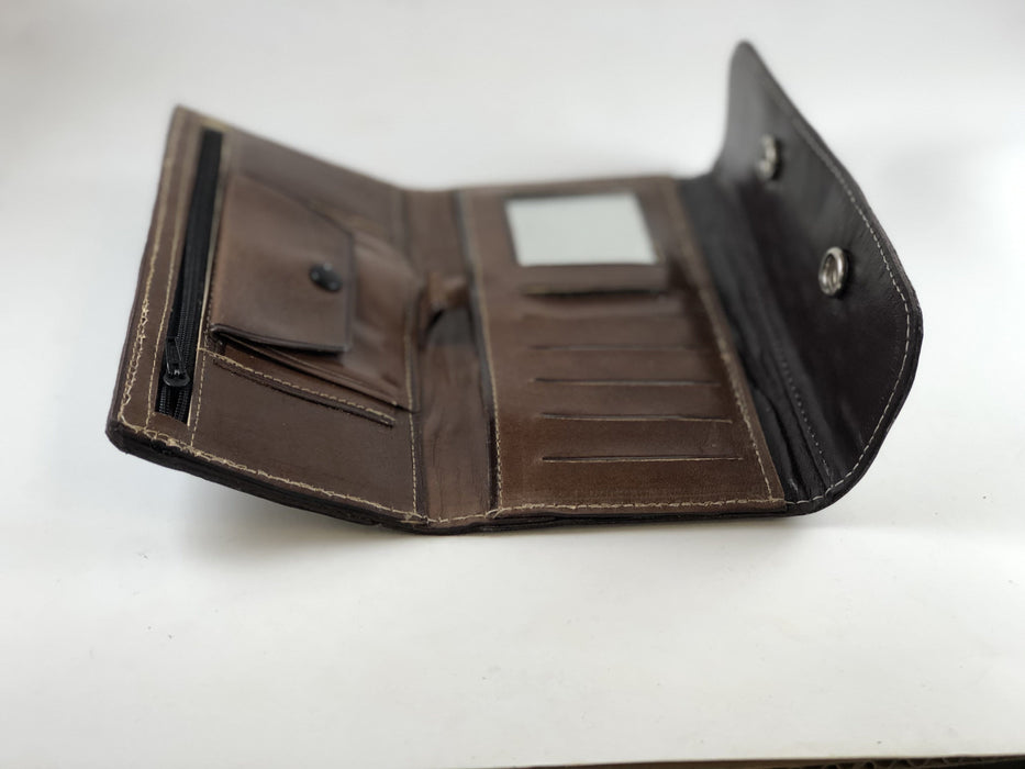 Brown with White Embroidery Leather Wallet