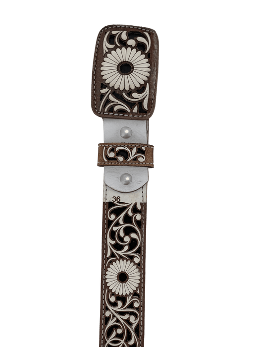 Women’s Brown with Black and White Sunflower Embroidery Chiseled Leather Belt