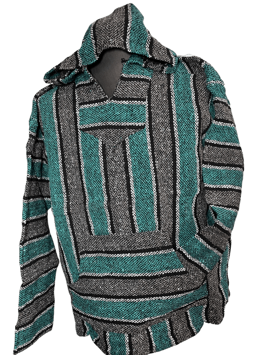 Baja Hoodie Turquoise and Grey with Black and White Lines 090