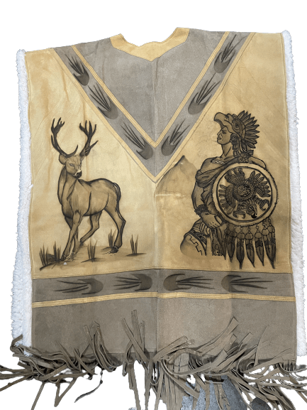 Aztec Calendar with Warrior Leather Poncho With Fur Inside — Rodeo Aztec Calendar with Warrior Leather Poncho With Fur Inside — Rodeo