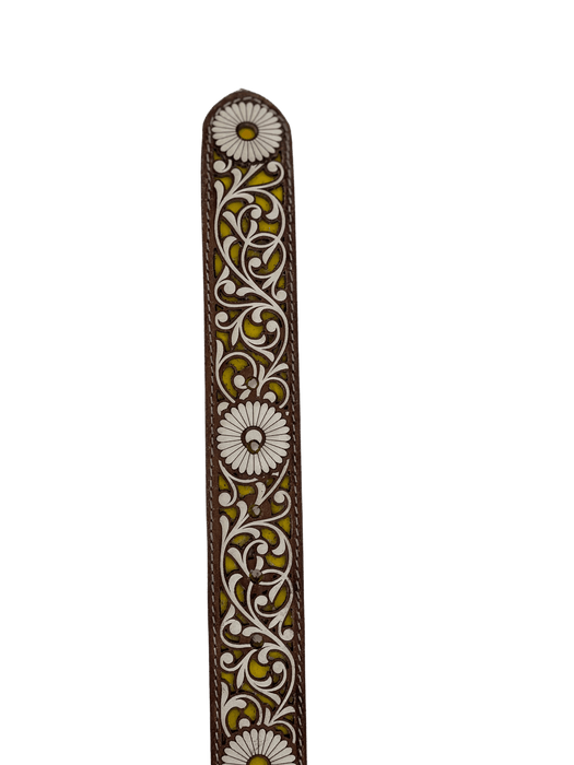 Women’s Brown with Yellow and White Sunflower Embroidery Chiseled Leather Belt
