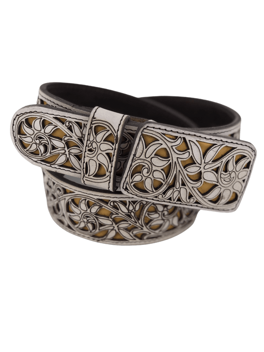 White with Yellow Star Chiseled Charro Leather Belt