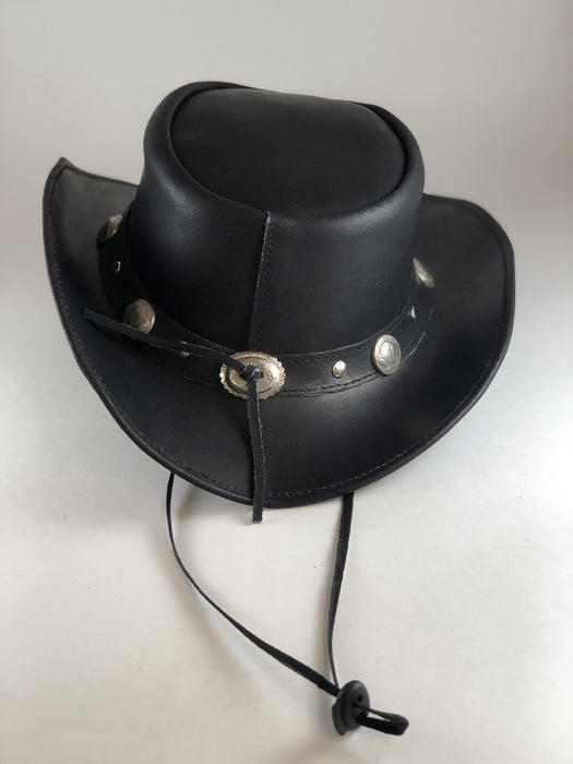 Black Safari Aussie Indiana Jones Style Leather Hat Buffalo Nickel Metal Concho