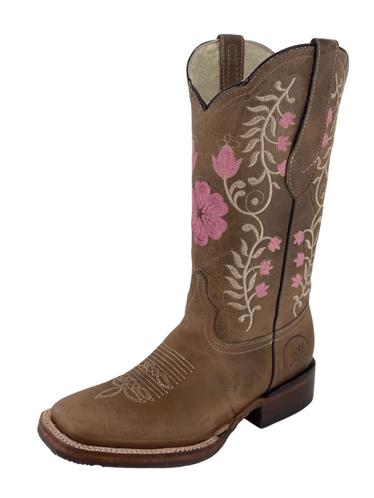 Women's Tan Square Toe Pink Flowers with Natural Stems Rodeo Boot