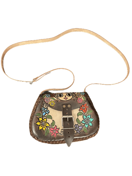 Brown and Beige Frida Kahlo with Flowers Hand Tooled Leather Purse