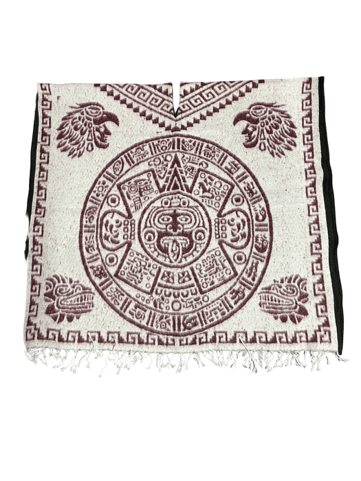 White and Burgundy Double Aztec Calendar Poncho/Gaban