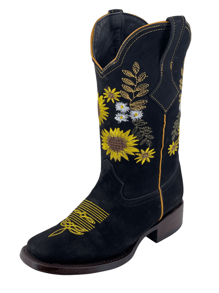 Women's Multiple Sunflowers Black Nobuck Square Toe Rodeo Boot