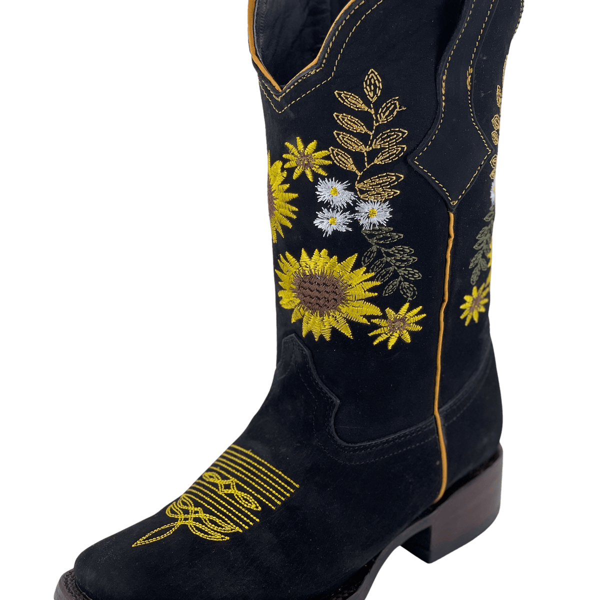 Women's Multiple Sunflowers Black Nobuck Square Toe Rodeo Boot