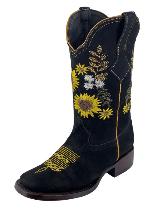 Women’s Multiple Sunflowers Black Nobuck Square Toe Rodeo Boot