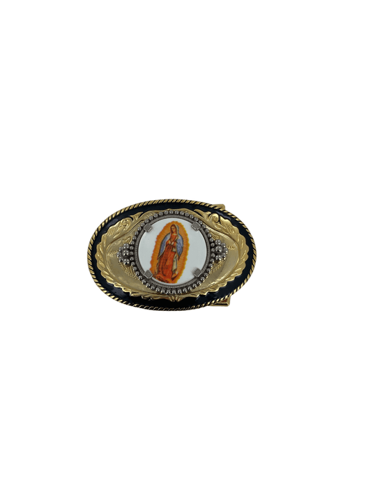 Black and Gold Round Rope Virgen de Guadalupe Belt Buckle