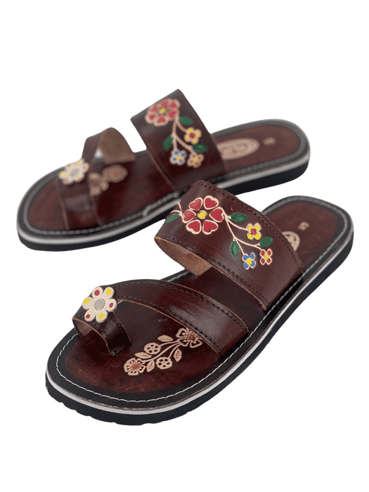 Leather Sandal - Brown Colorful Flower Toe Ring
