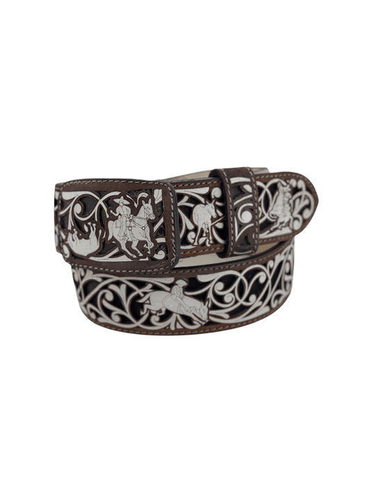 Suerte Charra Design Double Shaded Brown with White Chiseled Charro Leather Belt