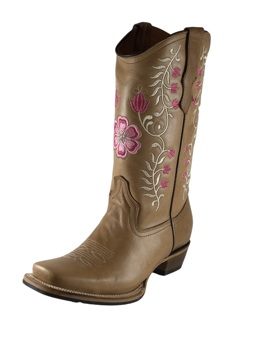 Women's Tan Square Toe Pink Flowers Rodeo Boot