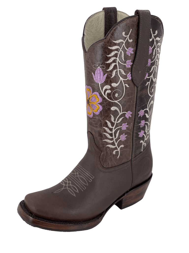 Women s Brown Square Toe Lavender Flowers with Natural Stems Rodeo Boot