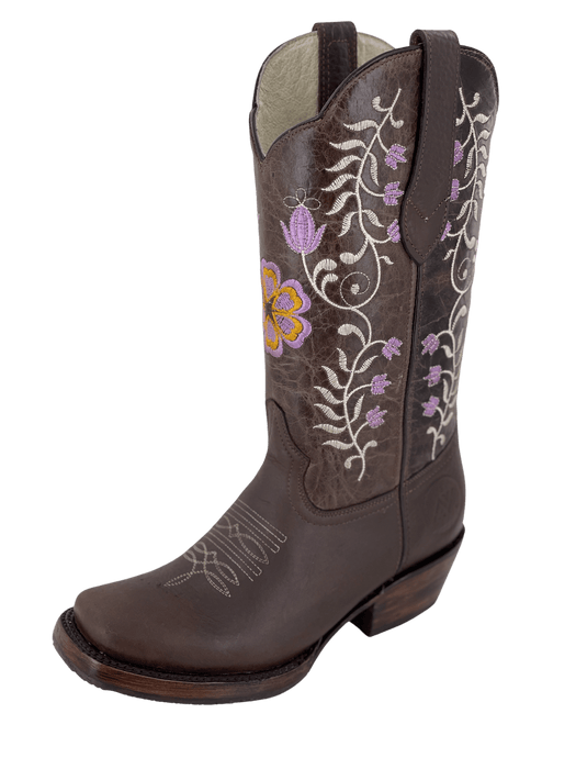 Women's Brown Square Toe Lavender Flowers with Natural Stems Rodeo Boot