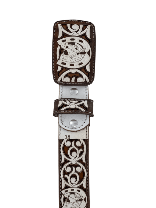 Women’s Brown with Light Brown and White Horse Head in Horseshoe Embroidery Chiseled Leather Belt